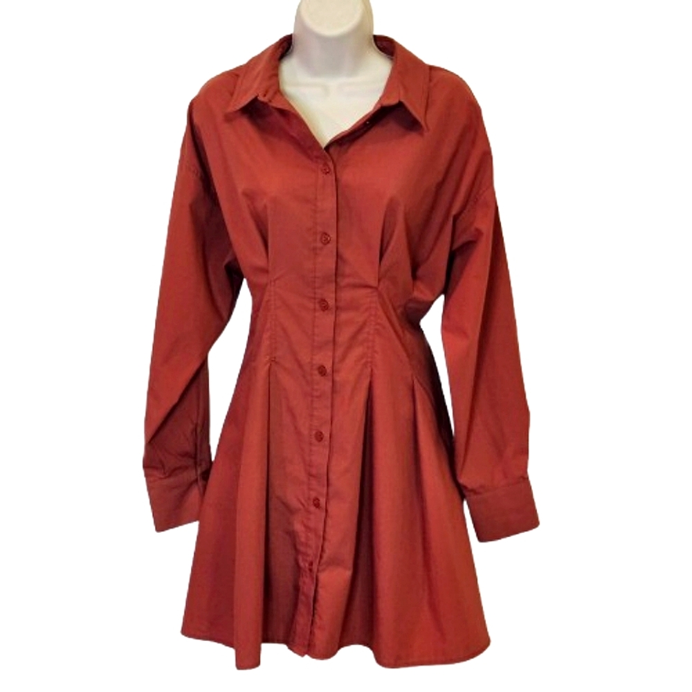 ASOS Rust Red Long Sleeve Button-Front Shirt Dress